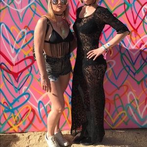 Peruvian Connection Black Crochet Maxi Dress Size Small & Pima Cotton Modal Slip